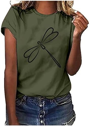 Camista gráfica fofa feminina Manga curta Crew pescoço Dragonfly Imprimir camisetas de verão casuais