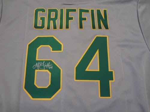 A.J. Griffin autografou Jersey de atletismo de Oakland com prova, imagem de A.J. Assinando para nós, Oakland Athletics,
