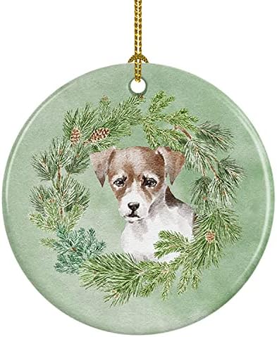 Tesouros de Caroline CK8860CO1 Jack Russell Terrier Puppy Tricolor Christmas Wreath Ceramic Ornament,