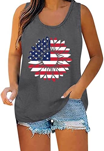 4 de julho Tampo de tanques para mulheres sem mangas colher camiseta de pescoço EUA estrelas de bandeira listrada