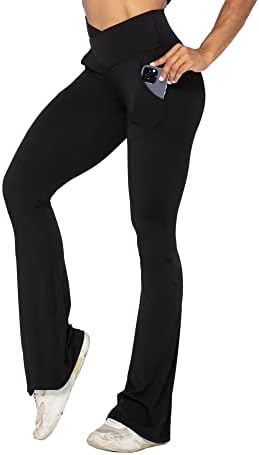 Sunzel Flare Leggings para mulheres com bolsos, calças de ioga cruzadas com controle de barriga, cintura alta