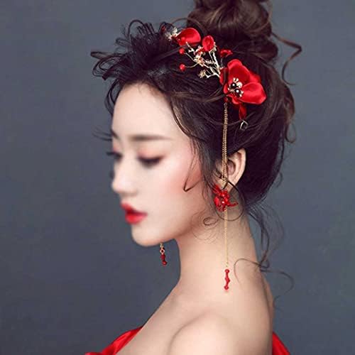 Mxiaoxia Trendy 3pcs/set Bandas de cabeça de flor de pérolas vermelhas para mulheres borlas de noiva Tiara