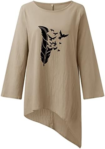 Camisas de linho para mulheres, impressão de padrões 3/4 de manga o pescoço de linho de linho de linho
