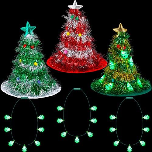 Vicenpal 3 peças Chapéu da árvore de Natal Papai Noel com enfeites e 3 peças LED CARRAS DE CHATAS