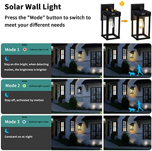 Luzes de parede solares AEQ, arandela de parede solar com 3 modos de iluminação e sensor de movimento,