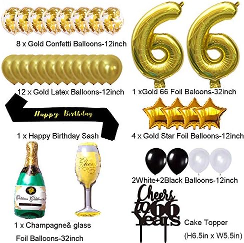 Kit de decorações de 66 anos de ouro, aplausos a 66 anos de bandeira balões 66º bolo de bolo de