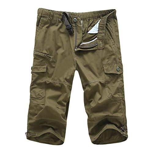 Ajuste descontraído masculino 3/4 shorts cargo sarja elástica cintura de bolso de bolso de bolso