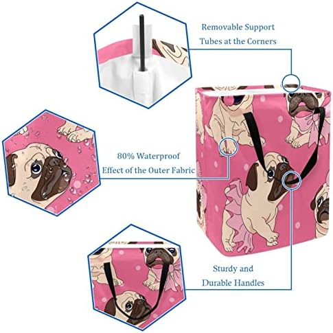 Funny Animal Pug Pug Padrão de arco estampido rosa Countador de roupa colapsível, cestas de lavanderia à prova