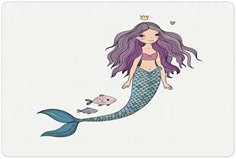 Ambesonne Fantasy Pet tapete Para comida e água, Sereia Cartoon Cabelo ondulado Coroa Coração rosa e peixe, tapete