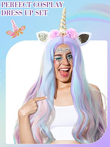Janinka 3 PCs Halloween Unicorn Wigmaid Face Jewels Definir longos Raves Curly Wavy Rainbow Hair Unicorn