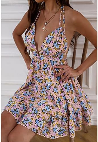 Vestidos de verão para mulheres moda sexy V Vestido de halter halter Floral estampelente manguido