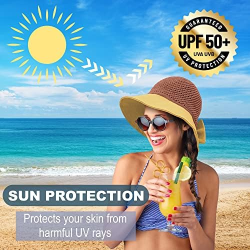 Chapéu de sol de palha para mulheres, limite de proteção UV de 50+ da aba upf com arco, chapéu