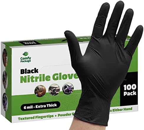 [100 contagem] Luvas descartáveis ​​de nitrilo preto 6 mil. Resistência química, látex e pó sem