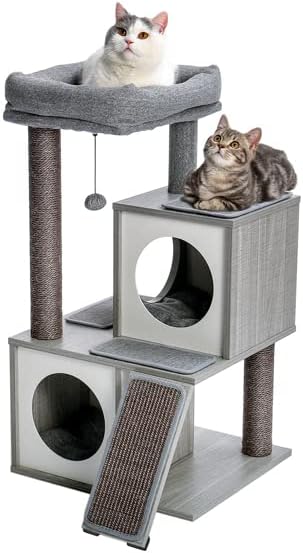 Torre de gato de gato de madeira moderna boerlky com condomínios duplos, espaçosos postes de arranhões
