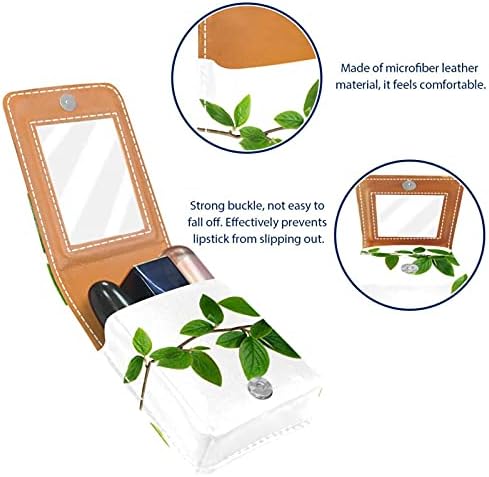 Caixa de batom com espelho de folhas verdes frescas lips brigos de brilho portátil caixa de armazenamento portátil