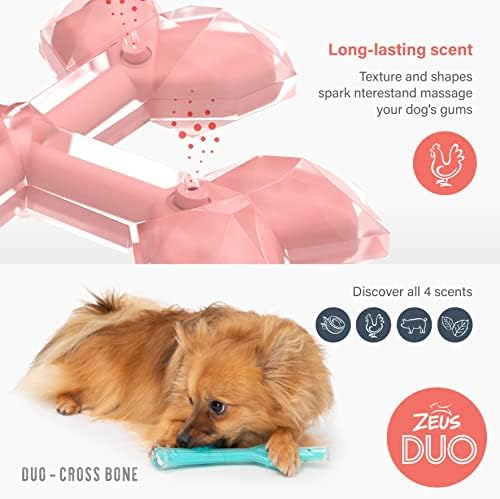 Zeus Duo Cross Bones Strong Dog Chew Toy para mastigadores ativos, aroma de frango duradouro, coral