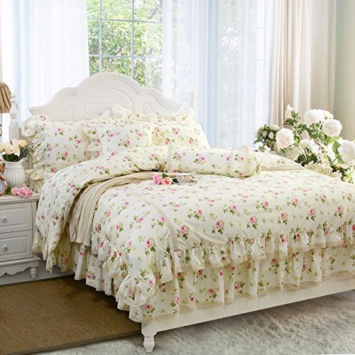 Fadfay Rosette Floral Print Duvet Capa Conjunto de roupas de cama Princess Lace Ruffle para meninas 3 peças Tamanho