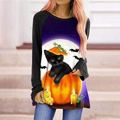 Tops de pescoço de barco roxo para mulheres de manga longa Festival de impressão de gato de pumpkin
