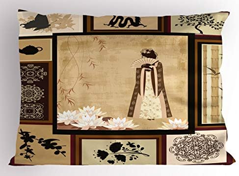 Ambesonne Japanese Pillow Sham, menina em vestidos tradicionais e padrões culturais Ornamentos de colagem oriental