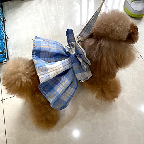 Riyanon Blue Plaid Dog Dress Arnness com D Ring Bow tiche encantador vestido de cachorro para caminhada, festa,