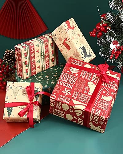 MJCMYC Christmas Presente papel de embrulho de 20 padrões, feito de papel Kraft reciclado, 20 pacote