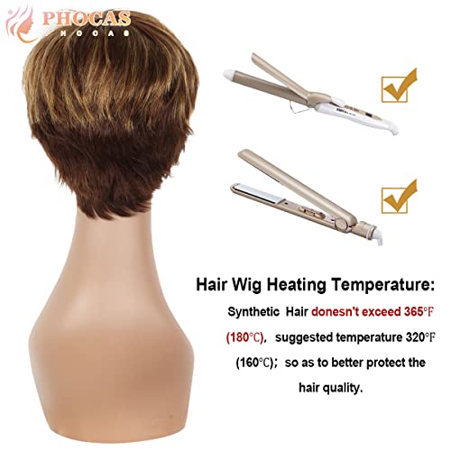 Phocas curto cabelo humano pixie perucas com franja para mulheres pixie marrom curto cut peruca