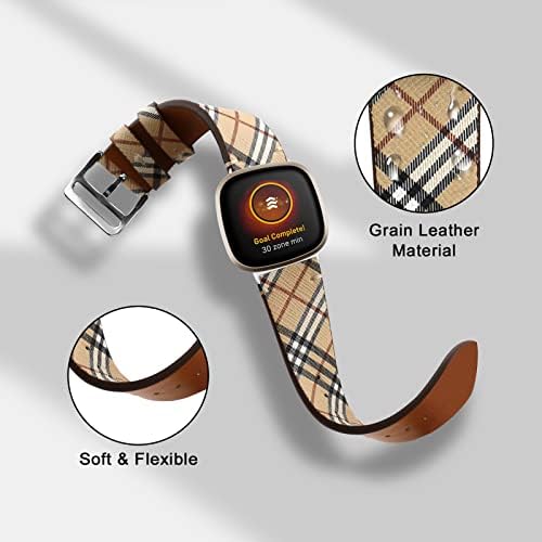 Banda de couro veaqee compatível com Fitbit Versa 3/Fitbit Sense for Man Men, pulseiras de couro xadrez de grãos