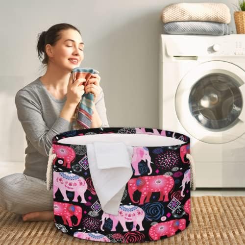 Elefante rosa étnico grande cestas redondas para cestas de lavanderia de armazenamento com alças
