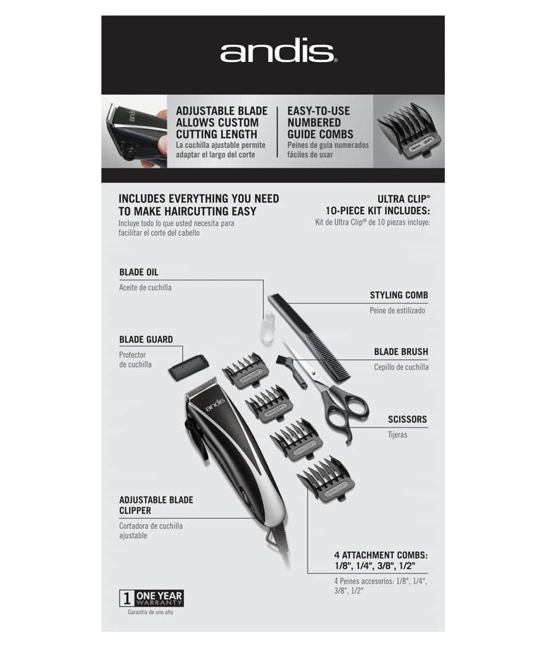 Andis Ultra Clip ajustável Blade de 10 peças Kit de corte de cabelo em casa, preto