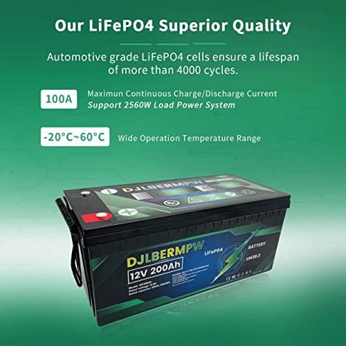 DJLBERMPW Bateria de lítio, bateria de lítio de 12V 200AH LIFEPO4 Fosfato de ferro, bateria recarregável