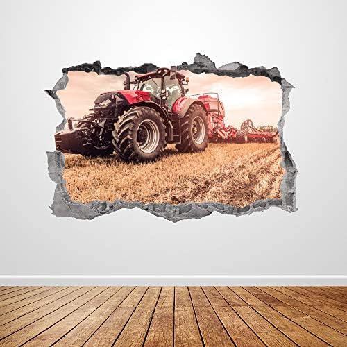 Arte da parede do trator Smashed 3D Farm Farm Red Tractor adesivo de parede Mural Poster Kids Room Decoração
