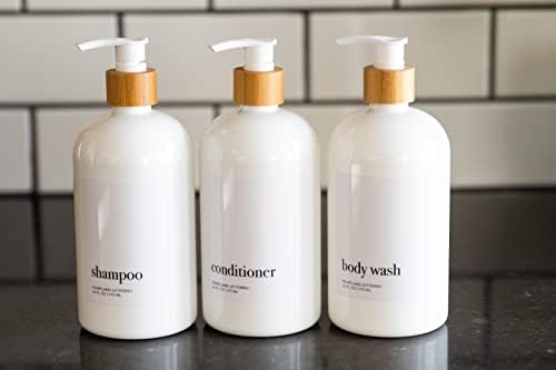 Dispensador de shampoo de bambu, shampoo e garrafas de condicionador para chuveiro, dispensadores