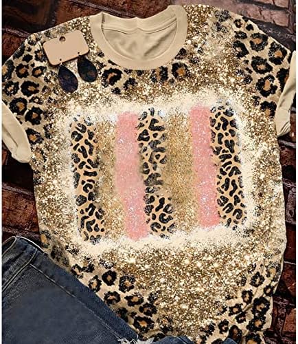 Tops de verão para mulheres retro leopardo branqueado Impressão de manga curta T camisetas casuais rodopia tingem