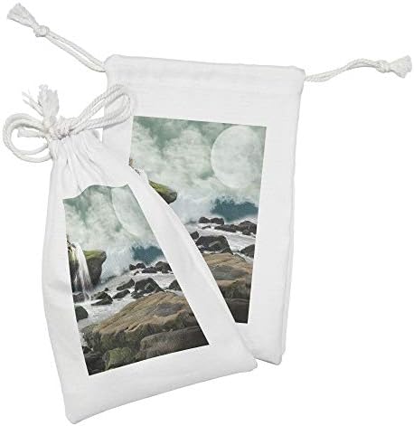 Conjunto de bolsas de tecido natural de Ambesonne de 2, paisagem de fantasia com cachoeira em rochas