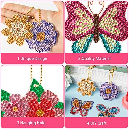 CNHOQC 20PCS Butterfly e Flower Diy Diamond Desenho Kitchain Decoração, Kits de ornamentos artesanais de desenho