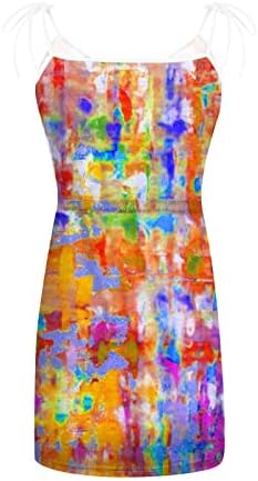 IQKA Women Camis Dress Ty Tye Print Mini vestidos de praia Sundress de cintura elástica de pescoço com vestidos