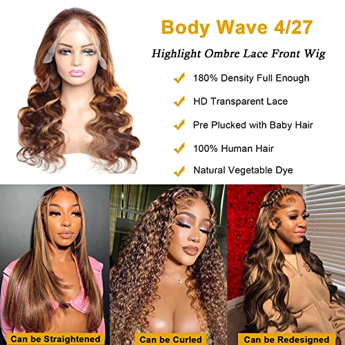Silaiya Body Wave Destaque ombre renda frontal peruca de cabelo humano pré -arrancada 13x4 hd transparente 180%