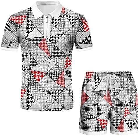 UBST Mens Summer 2 Peças Conjuntos, impressão gráfica de Houndstooth Camisão de zíper de manga curta Camisas