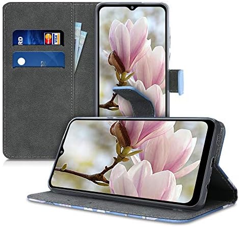 Caixa da carteira Kwmobile Compatível com Samsung Galaxy A12 - Capa de couro Faux Case - Magnolias taupe/branco/azul