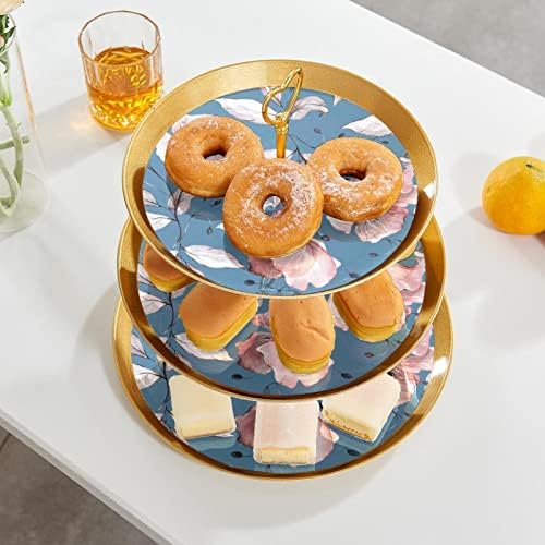 Stands de bolo de 3 peças, flores de flor em cupcake de plástico azul Candy Fruit Sobert Stand para festa