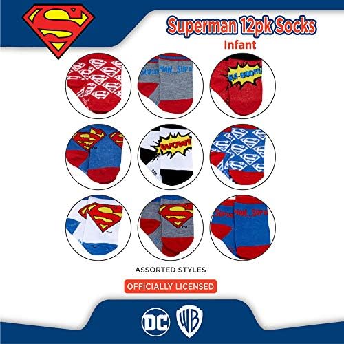 DC Comics Baby Boys e Girls 'Socks - 12 pacote Batman, Mulher Maravilha, Super -Homem, Liga da Justiça,