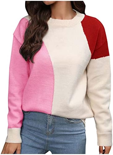 Suéteres de manga longa para mulheres outono 2023 Trendy Crewneck Knit Tops Block Color Block