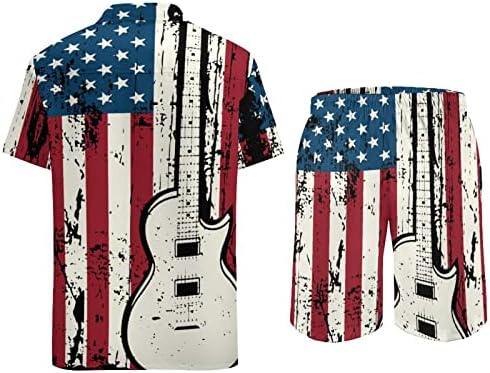 American Flag Guitar Men's 2 Peia Roupfits Hawaiian Button Down Down Sleeve Sleeve e ternos de shorts