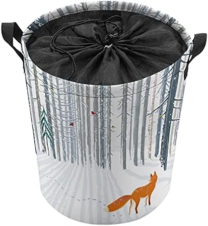 Paisagem da floresta de inverno com uma raposa redonda de bolsas de lavanderia cesta de armazenamento de