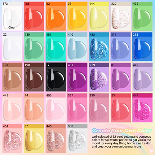 AzureBeauty 42pcs Dip Powder Nail Kit Starter, 32 cores Summer Rainbow Rainbow Bright Neon Rosa Pó de