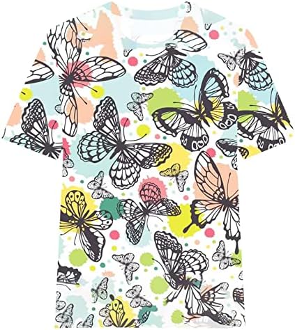 Blusa de manga de cotovelo curta para feminino Crewneck Spandex Butterfly Floral Prind Blunch Bloups Plain Girls