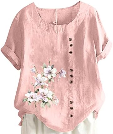Camiseta de blusa de lounge para feminino com manga curta linho de linho de linho de algodão Button Floral