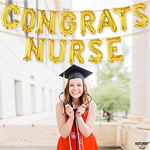 Katchon, Parabéns Balões de enfermagem Gold - 16 polegadas | Decorações de graduação em enfermagem Classe de 2023