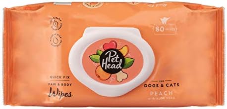 Pet-Head Dog & Cat Wipes 80 pacote, lenços rápidos de pata e corpo, perfume de pêssego com aloe vera, lenços de