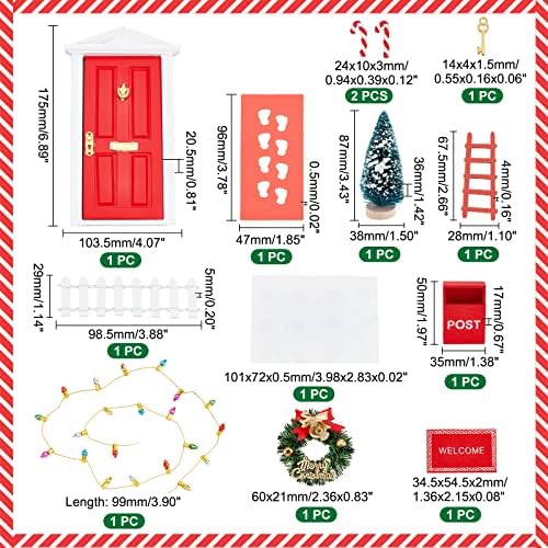 Andmaker Red Elf Door Set Dinpora de dente de madeira Fada com acessórios Red Christmas Festive Fairy Door